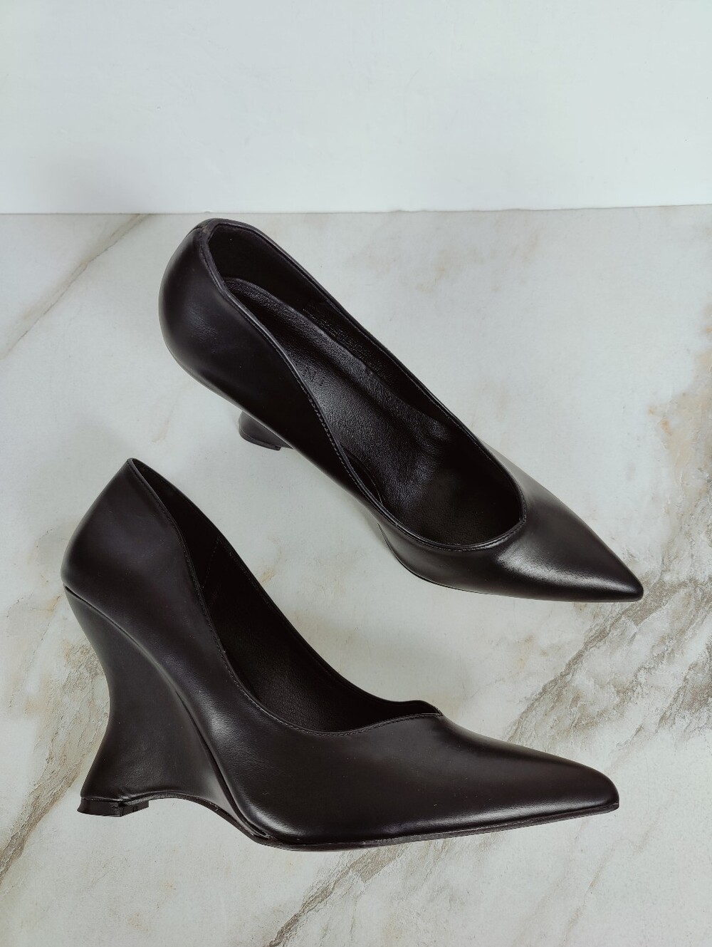 NWOT Billini Malik Black Faux Leather Wedge Heel Pumps, Sz 9